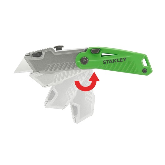 STANLEY STHT0-10823 utility knife with green handle, shown folding with red arrow, white background.