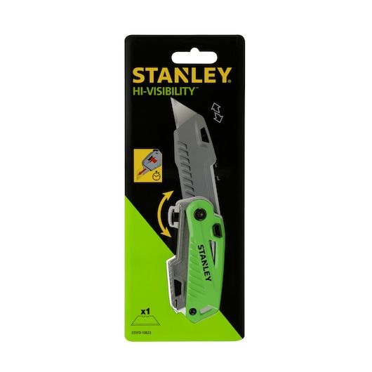 STANLEY STHT0-10823 folding utility knife with hi-visibility green handle, retail packaging front view.