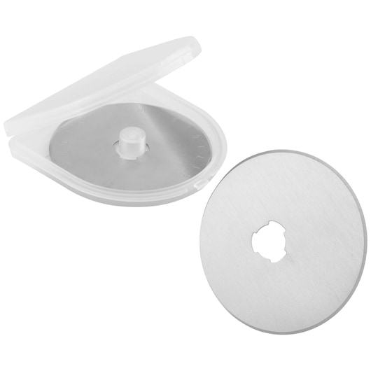 Round metal blade with a central hole, shown in a white plastic case and separately.