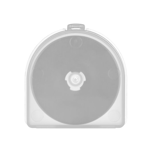 STANLEY STHT0-11942 black circular knife blade in clear plastic case, product photography, front angle.