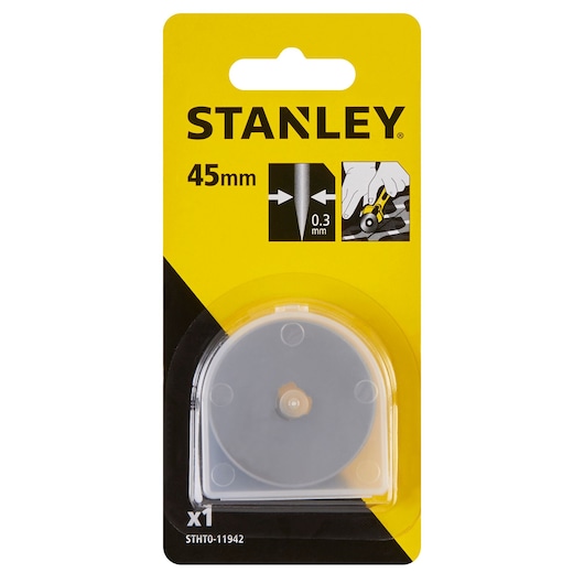 Photo of STANLEY STHT0-11942 45mm replacement rotary cutter blade in retail packaging, front view.