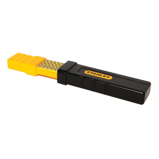 STANLEY STHT0-16144 hand tool sharpener with black and yellow case, angled on white background.
