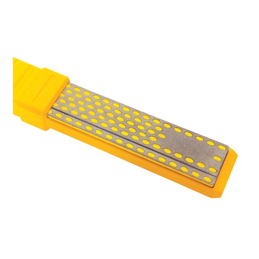 STANLEY STHT0-16144 diamond sharpening stone with yellow handle, top angle on white background.