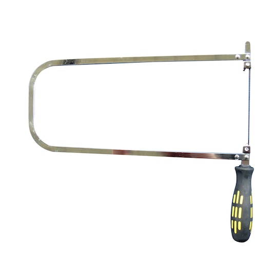 Metal coping saw with a black and yellow ergonomic handle for precise cutting tasks.