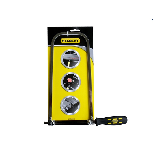 STANLEY STHT0-20128 hacksaw with black and yellow handle, front angle, in retail packaging.