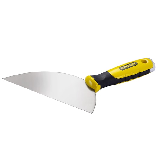 Stanley STHT0-26088 putty knife with yellow and black handle, side angle on white background.
