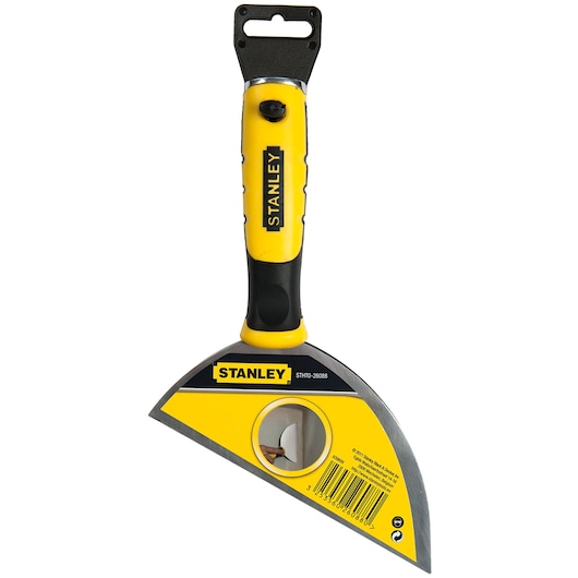 STANLEY STHT0-26088 wall scraper with ergonomic yellow and black handle, front angle photo.