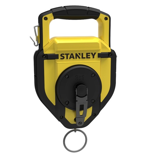 Photo of STANLEY STHT0-47347 chalk line reel, yellow and black with handle, front angle on white background.