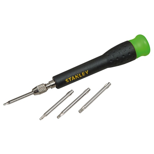 STANLEY STHT0-62628 black and green precision screwdriver with four interchangeable bits, front angle.