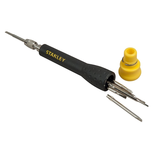 STANLEY STHT0-62633 black precision screwdriver set with interchangeable bits and yellow cap, angled view.