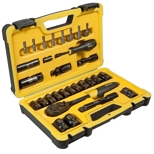 Stanley socket and ratchet tool set in yellow case with organized sockets and screwdriver bits.
