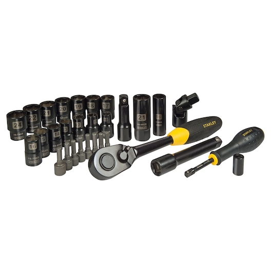 Photo of STANLEY STHT0-73401 socket and bit set with ratchet, screwdriver, and various black sockets, front angle.