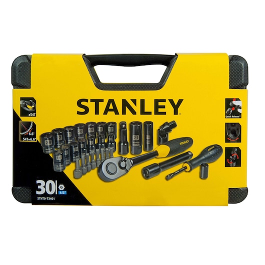 STANLEY STHT0-73401 socket set case, 30-piece, with visible ratchet, sockets, and accessories, front angle.
