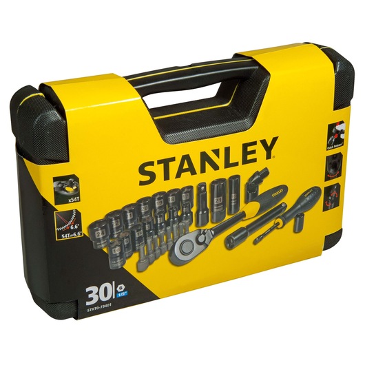 STANLEY STHT0-73401 socket and ratchet set case, yellow-black, front angle, 30-piece tool set.