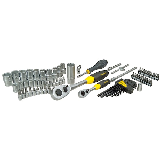 Stanley socket and ratchet set with bits, screwdrivers, extensions and hex keys for versatile repairs.