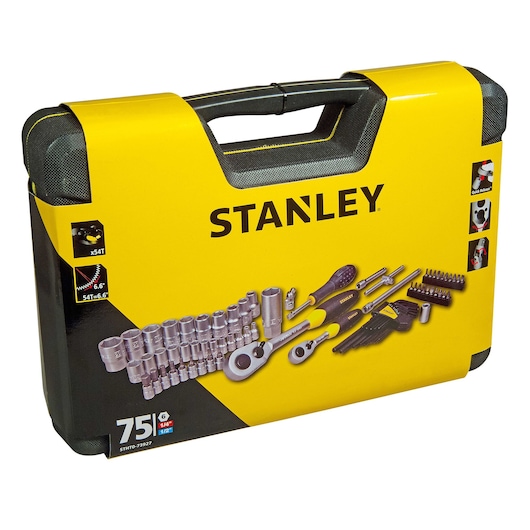 STANLEY STHT0-73927 tool set case with yellow and black design, featuring 75-piece socket and ratchet set, angled view.
