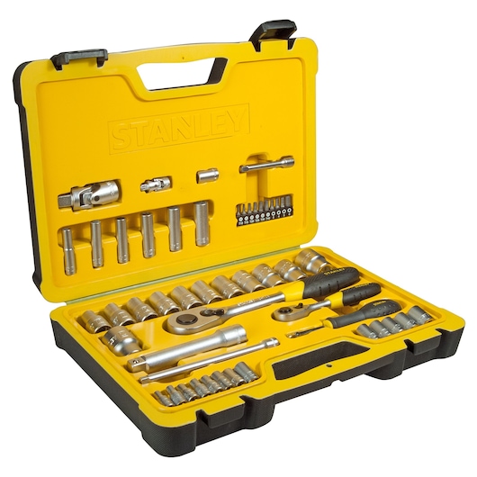 STANLEY STHT0-73928 socket and ratchet set in yellow hard case, angled view, various tools organized.