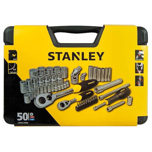 STANLEY STHT0-73928 socket and ratchet set case, yellow and black, front angle, tool components displayed.