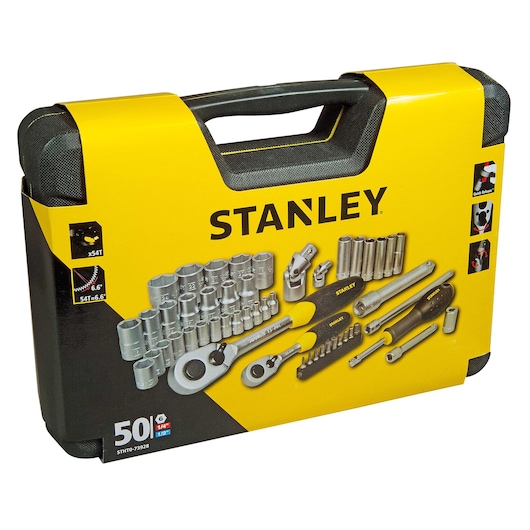 STANLEY STHT0-73928 socket and ratchet set in yellow and black carrying case, front angle.