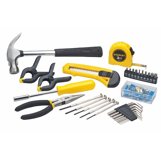 Stanley tool set with hammer, pliers, clamps, tape measure, utility knife, screwdrivers, bits, and fasteners.