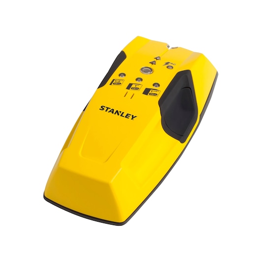 Yellow STANLEY electronic stud finder tool with black accents and control buttons on top.