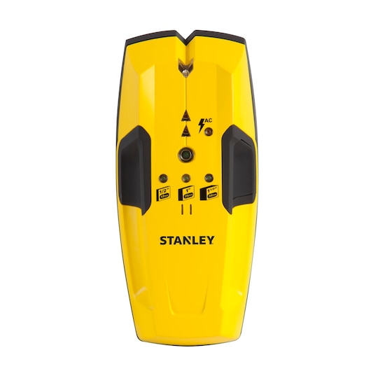STANLEY STHT0-77404 yellow stud finder, front angle, with black grip and indicator icons.