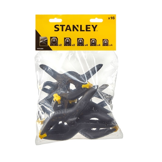 Photo of STANLEY STHT0-83094 photography set, black plastic spring clamps with yellow tips, 16-piece pack, front view.