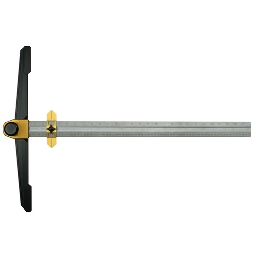 Stanley T-square ruler with a metal measuring bar and adjustable yellow guide for accurate marking.