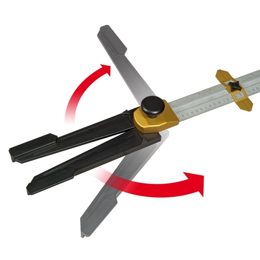 STANLEY STHT1-05933 measuring tool with adjustable black and gold arms, top-down angle, white background.