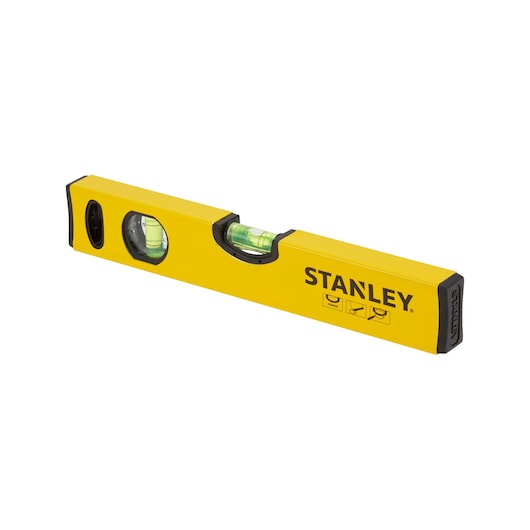 Yellow Stanley spirit level tool with two bubble vials and black end caps, used for measuring level surfaces.