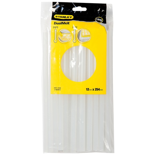 STANLEY STHT1-70430 glue sticks pack, clear, DualMelt, 12mm x 254mm, front view on white background.