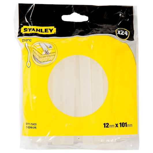 Photo of STANLEY STHT1-70433 glue sticks pack, 24 clear sticks, 12mm x 101mm, front view in yellow packaging.