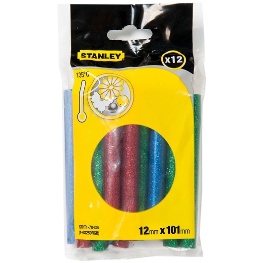 Photo of STANLEY STHT1-70436 glitter glue sticks pack, assorted colors, 12mm x 101mm, front view.