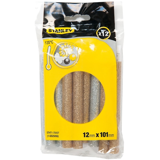 STANLEY STHT1-70437 glitter glue sticks pack, 12mm x 101mm, assorted gold and silver, front angle.