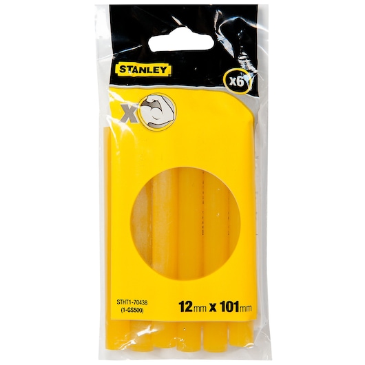 Stanley STHT1-70438 pack of 6 yellow glue sticks, 12mm x 101mm, for hot glue guns.
