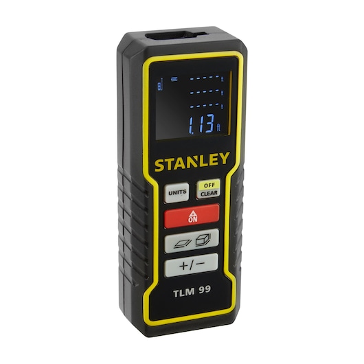 STANLEY STHT1-77138 TLM 99 laser distance measurer, black and yellow, angled view, digital display.