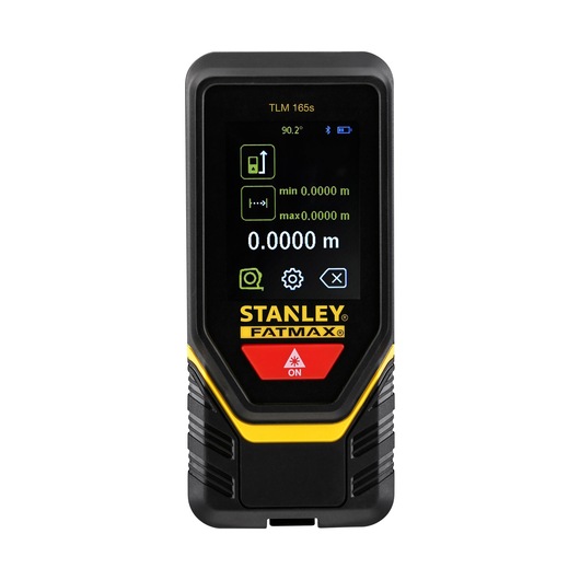Photo of STANLEY STHT1-77139 laser distance measurer, front angle, black and yellow design with digital display.