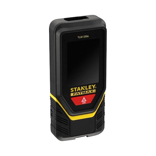 STANLEY STHT1-77140 laser distance measurer, black and yellow, FATMAX, front right angle on white background.