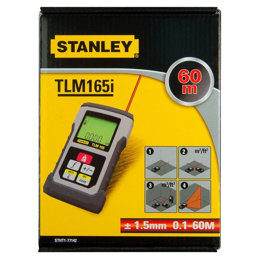 STANLEY STHT1-77142 laser distance measurer packaging, yellow box with product image and key features, front angle.