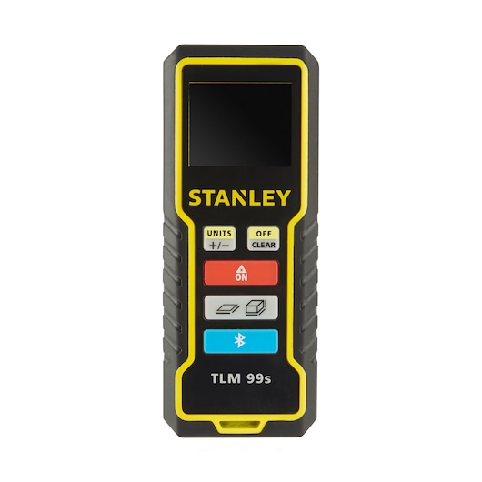 STANLEY STHT1-77343 laser distance measurer front view with display and colored buttons.