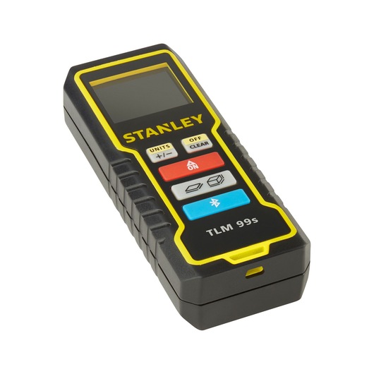 STANLEY STHT1-77343 laser distance measurer with yellow trim, angled on white background.