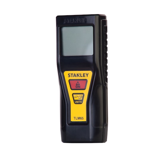 STANLEY TLM65 laser distance measurer with screen, yellow and black buttons, compact handheld device.