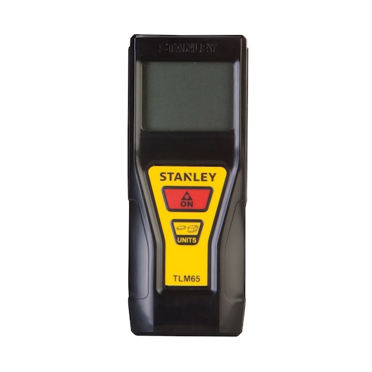 Stanley TLM65 laser distance measurer with screen and buttons, shown front view on white background.