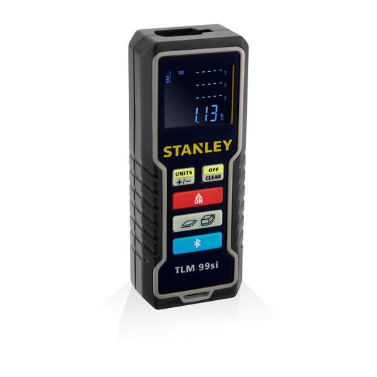 STANLEY STHT1-77361 laser distance measurer, TLM 99si model, angled view, black with color buttons.