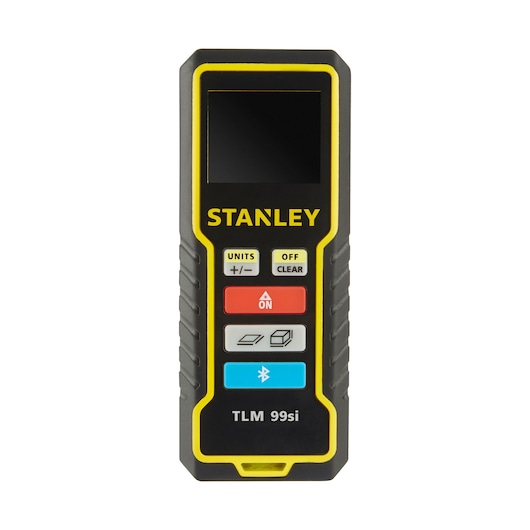 STANLEY STHT1-77361 laser distance measurer, black and yellow, front angle, clear buttons, TLM 99si model.