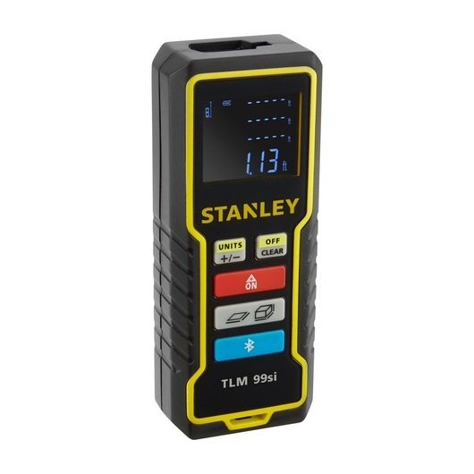 STANLEY STHT1-77361 laser distance measurer with LCD display, multi-color buttons, front angle on white background.
