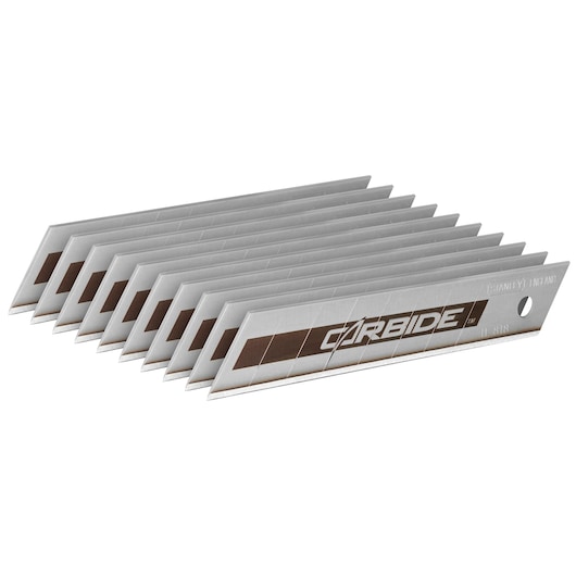 STANLEY STHT2-11818 pack of snap-off carbide utility knife blades, silver and brown, side angle on white background.
