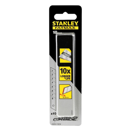 STANLEY STHT2-11818 utility knife blades 10 pack, FatMax Tungsten Carbide, product photo on white background.