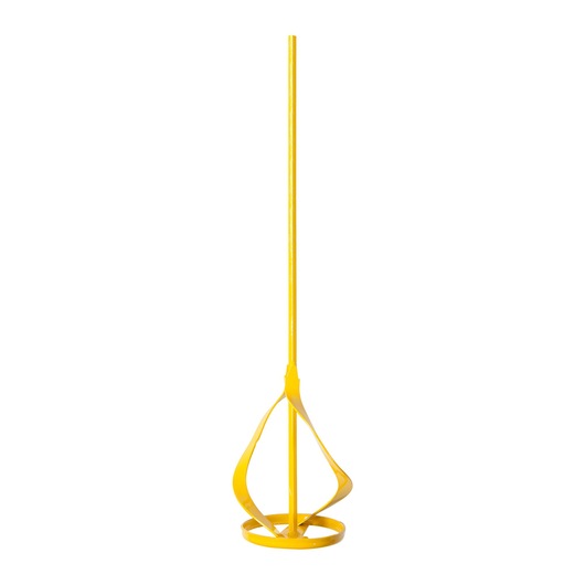 Yellow metal mixing paddle for paint or mortar, with spiral design and straight shaft.