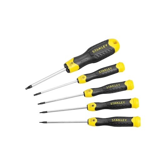 Stanley STHT2-65155 screwdriver set, five black and yellow screwdrivers, top view on white background.